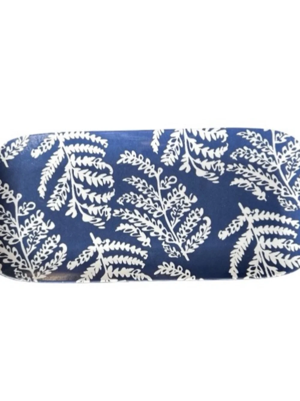 14” Melamine Serving Platter Navy Blue & White Botanical Fern Design Nautical